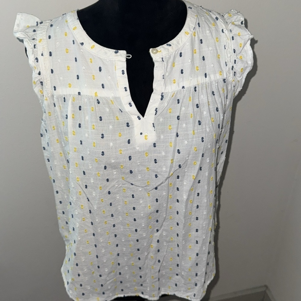 LOFT white blue whiter Swiss dots ruffle sleeves boho peasant top blouse Sz‎ XS